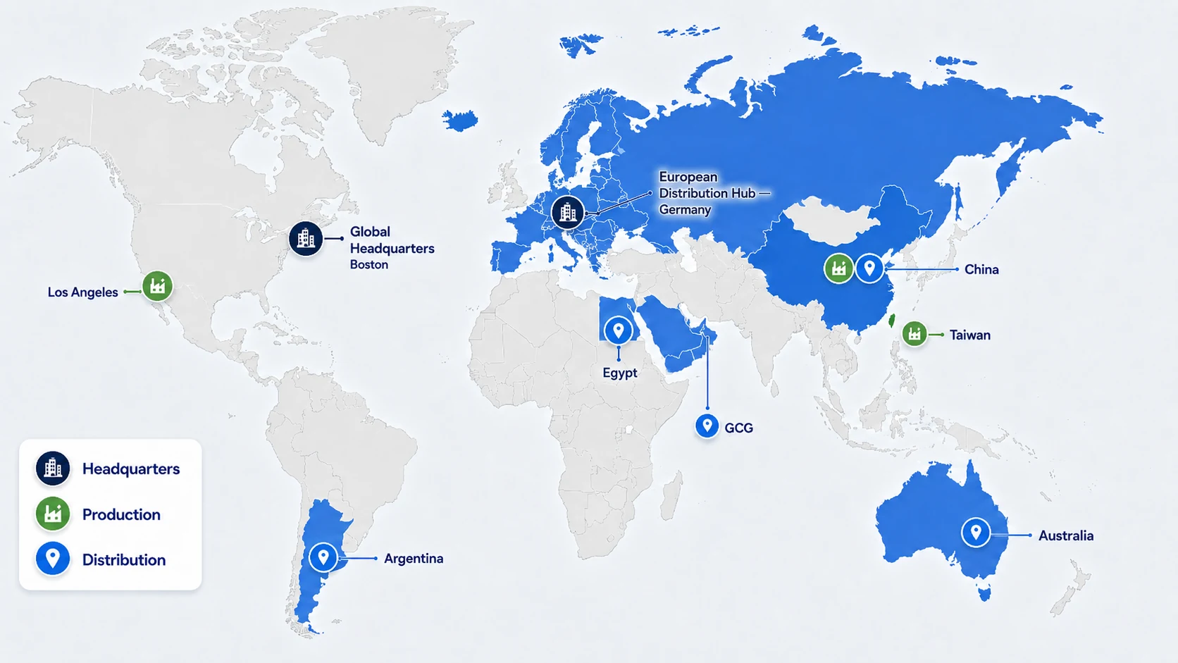 AST VisionCare global presence, central office, production and distribution hubs across the Americas, Europe, the Middle East and Asia-Pacific