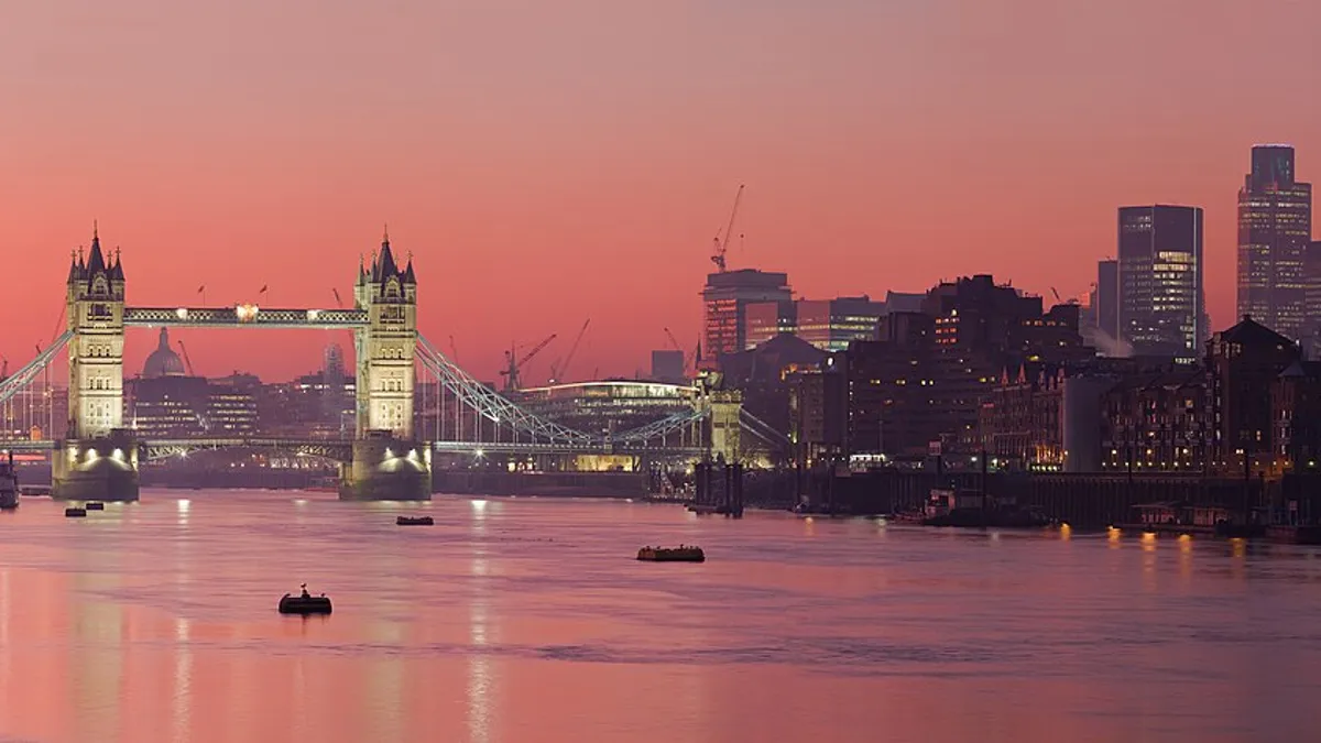 London skyline with Tower Bridge at sunset