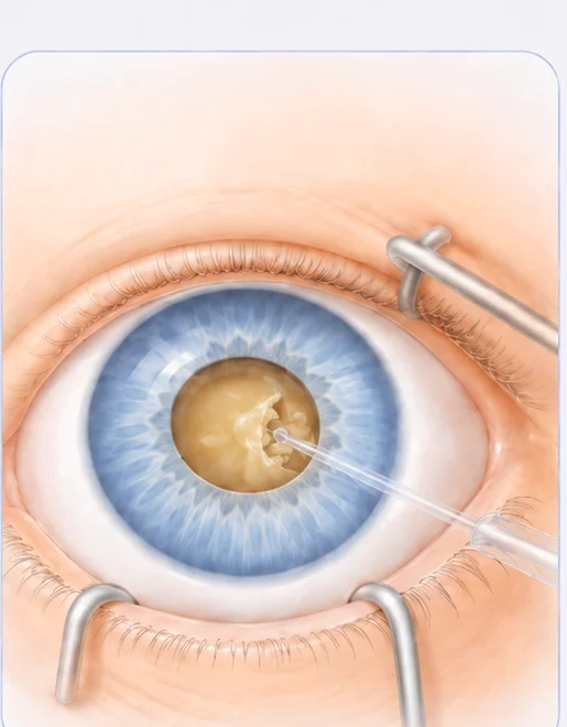 Diagram of the clouded natural lens being removed from the eye